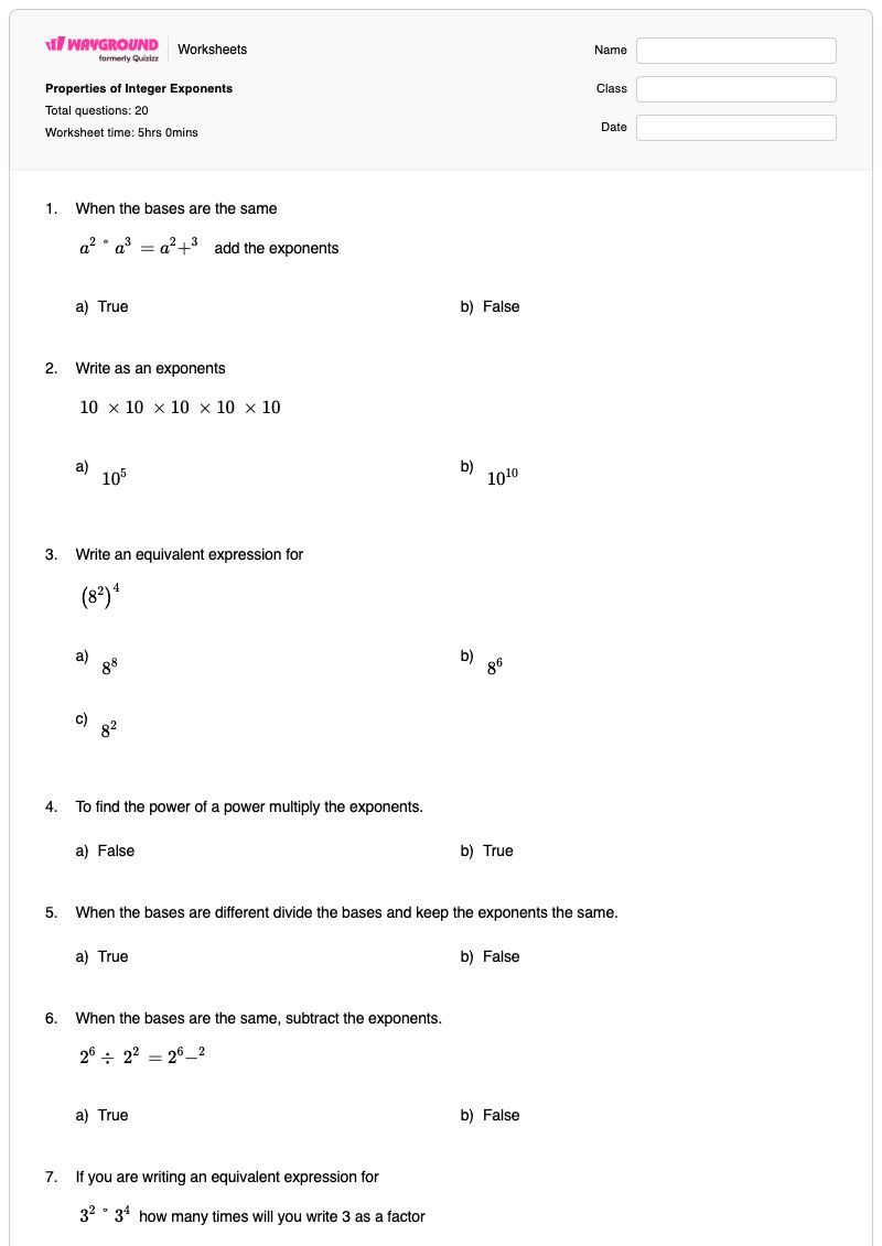Properties of Integer Exponents - พิมพ์ได้ Exponent-operations เวิร์กชีท ระดับ 8 - Wayground