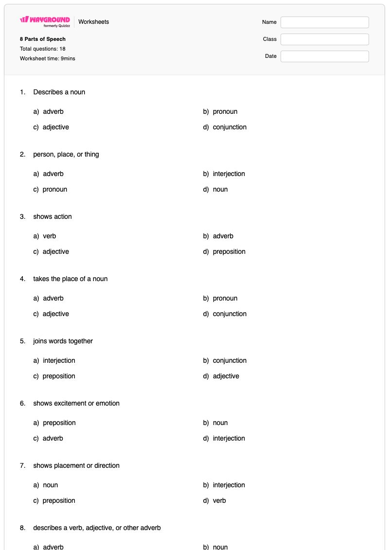 8 Parts of Speech - พิมพ์ได้ ส่วนประกอบของคำพูด เวิร์กชีท ระดับ 8 - Wayground