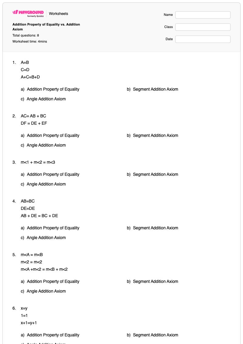 Addition Property of Equality vs. Addition Axiom - Printable Properties-of-equality Worksheets - Wayground