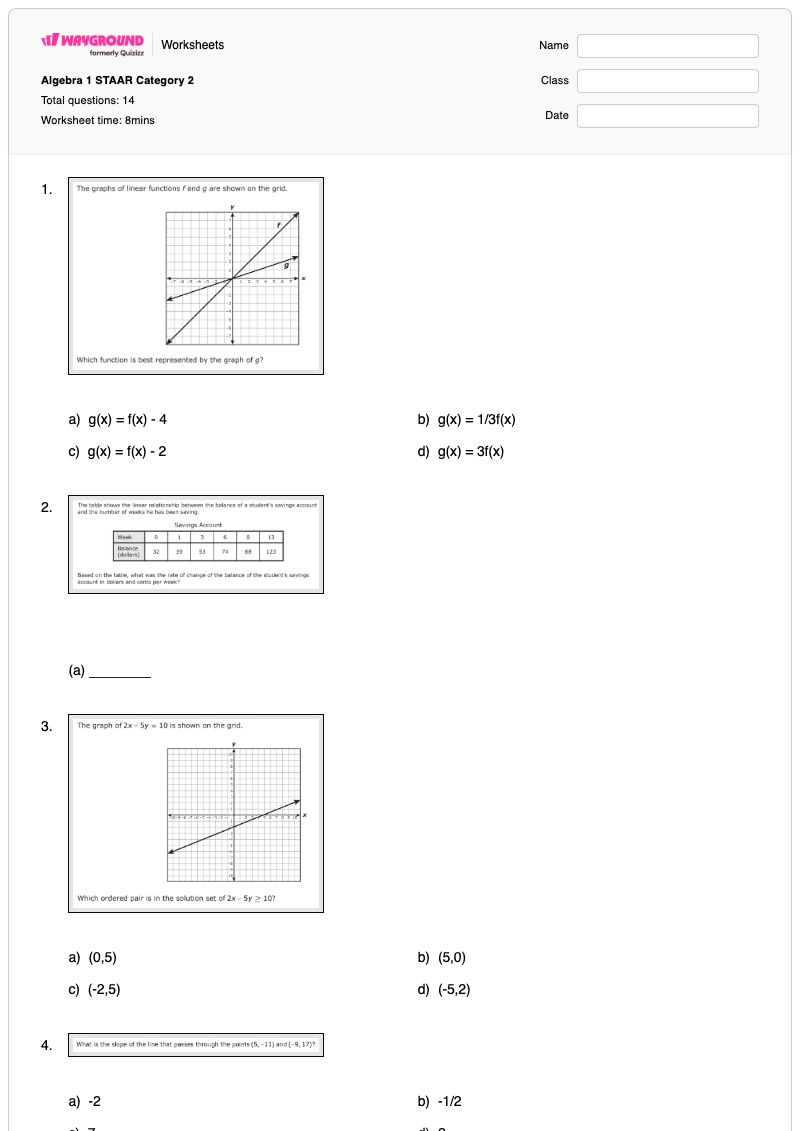 Algebra 1 STAAR Category 2  - Printable Algebra Worksheets - Wayground