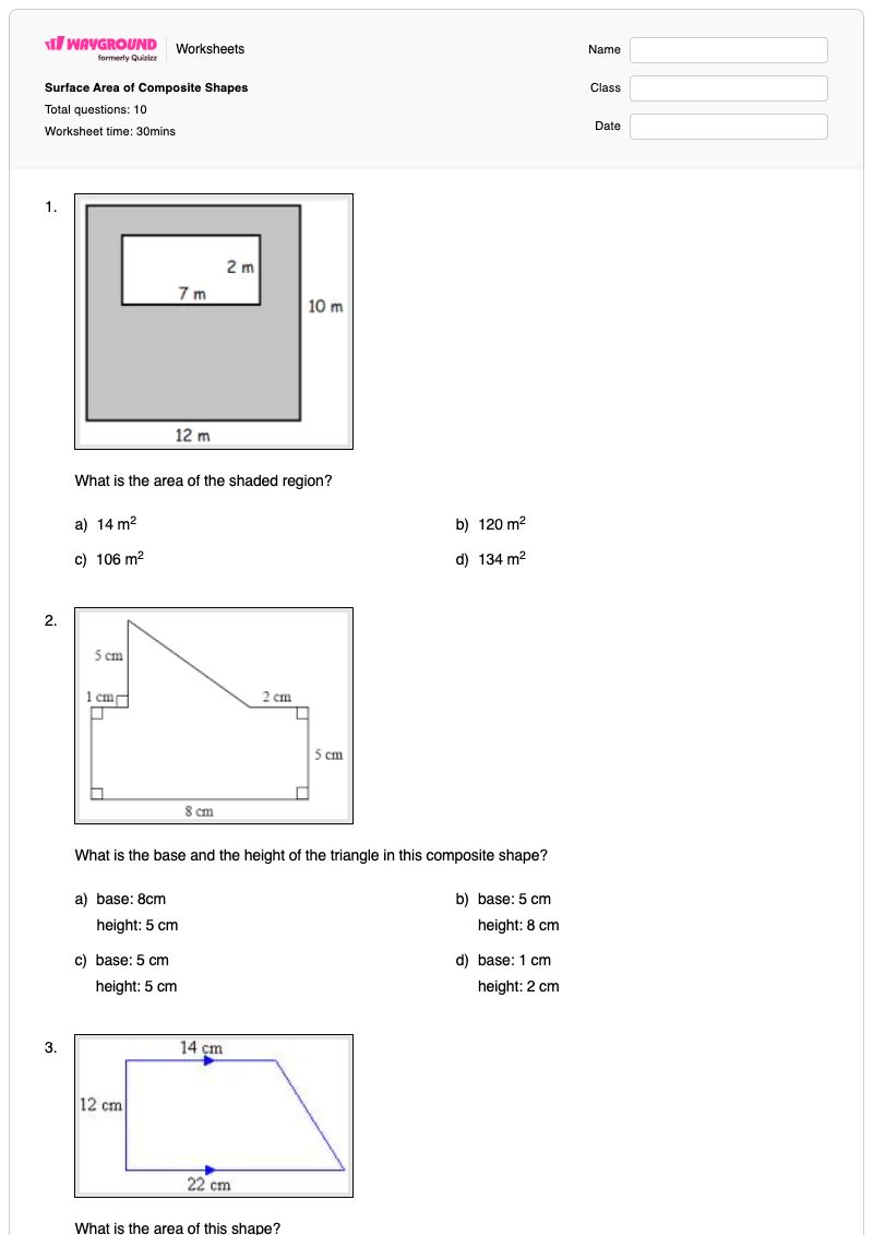 Surface Area of Composite Shapes - Printable Area-of-composite-shapes Worksheets - Wayground