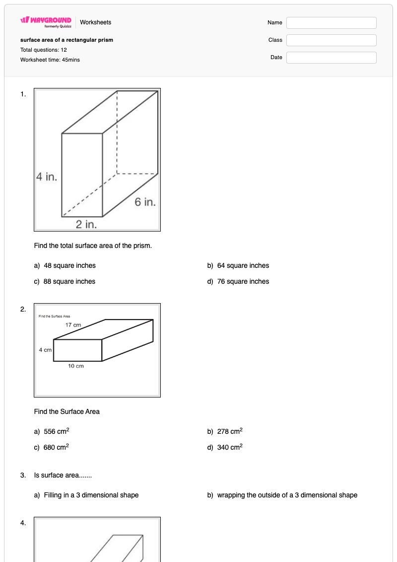 surface area of a rectangular prism - พิมพ์ได้ ปริซึมสี่เหลี่ยมผืนผ้า เวิร์กชีท - Wayground