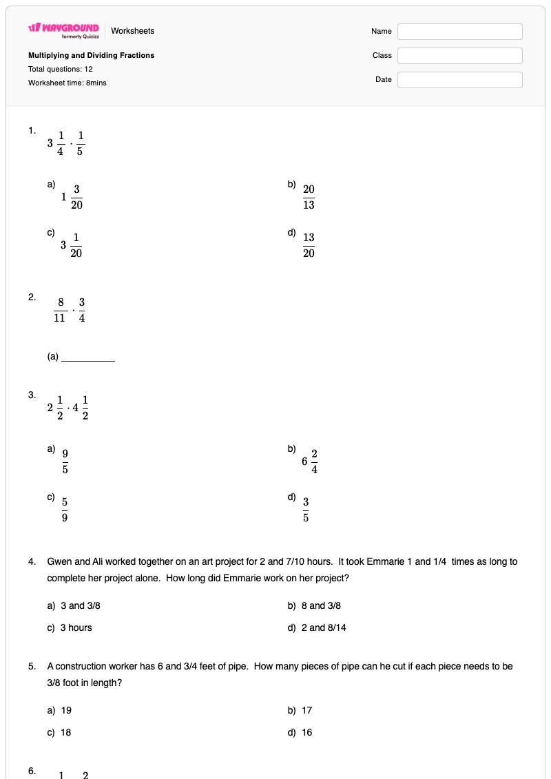 Multiplying and Dividing Fractions - Printable Multiplying-and-dividing-fractions Worksheets - Wayground