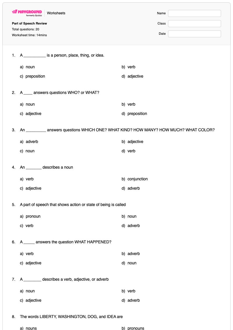 Part of Speech Review - พิมพ์ได้ ส่วนประกอบของคำพูด เวิร์กชีท - Wayground