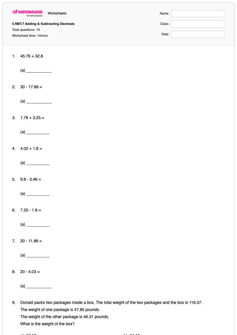 5.NBT.7 Adding & Subtracting Decimals - Printable Subtracting-decimals Worksheets Year 5 - Wayground