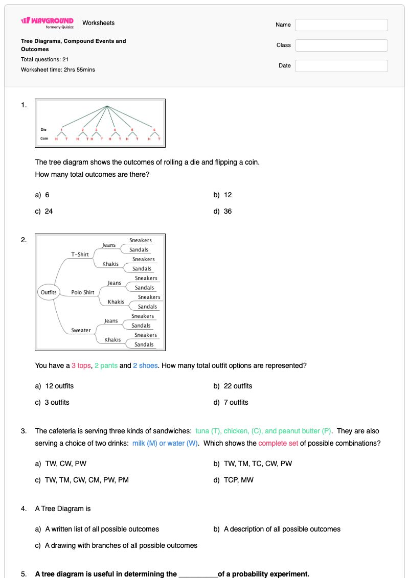 Tree Diagrams, Compound Events and Outcomes - Printable Tree-diagrams Worksheets Year 7 - Wayground