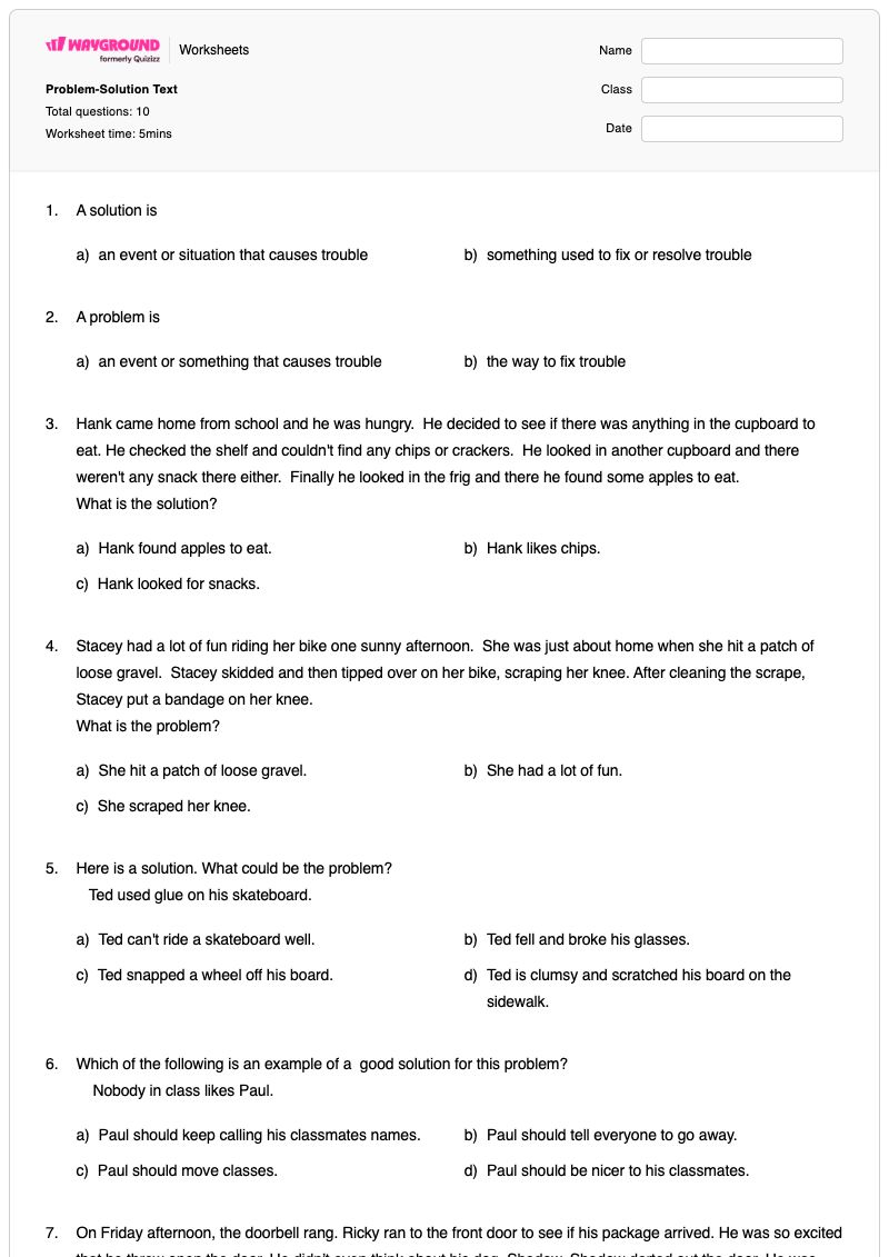 Problem-Solution Text - Printable Identifying-problems-and-solutions-in-reading Worksheets Year 4 - Wayground