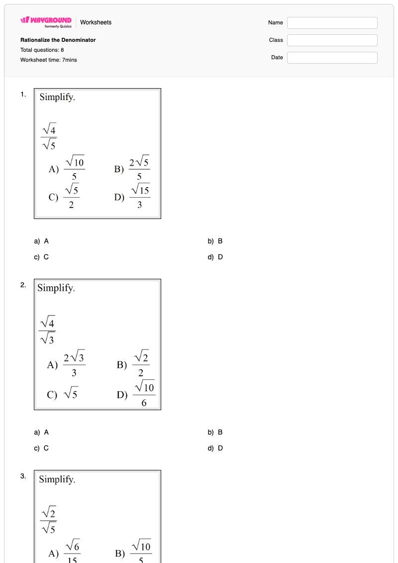 Rationalize the Denominator - Nadający się do druku Ekscentryczność Karty-pracy - Wayground