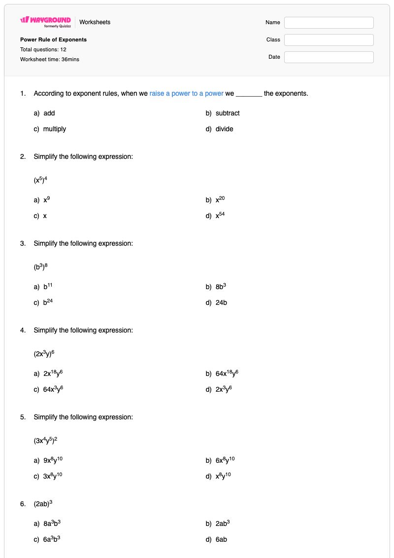 Power Rule of Exponents - Printable Power-to-a-power Worksheets - Wayground