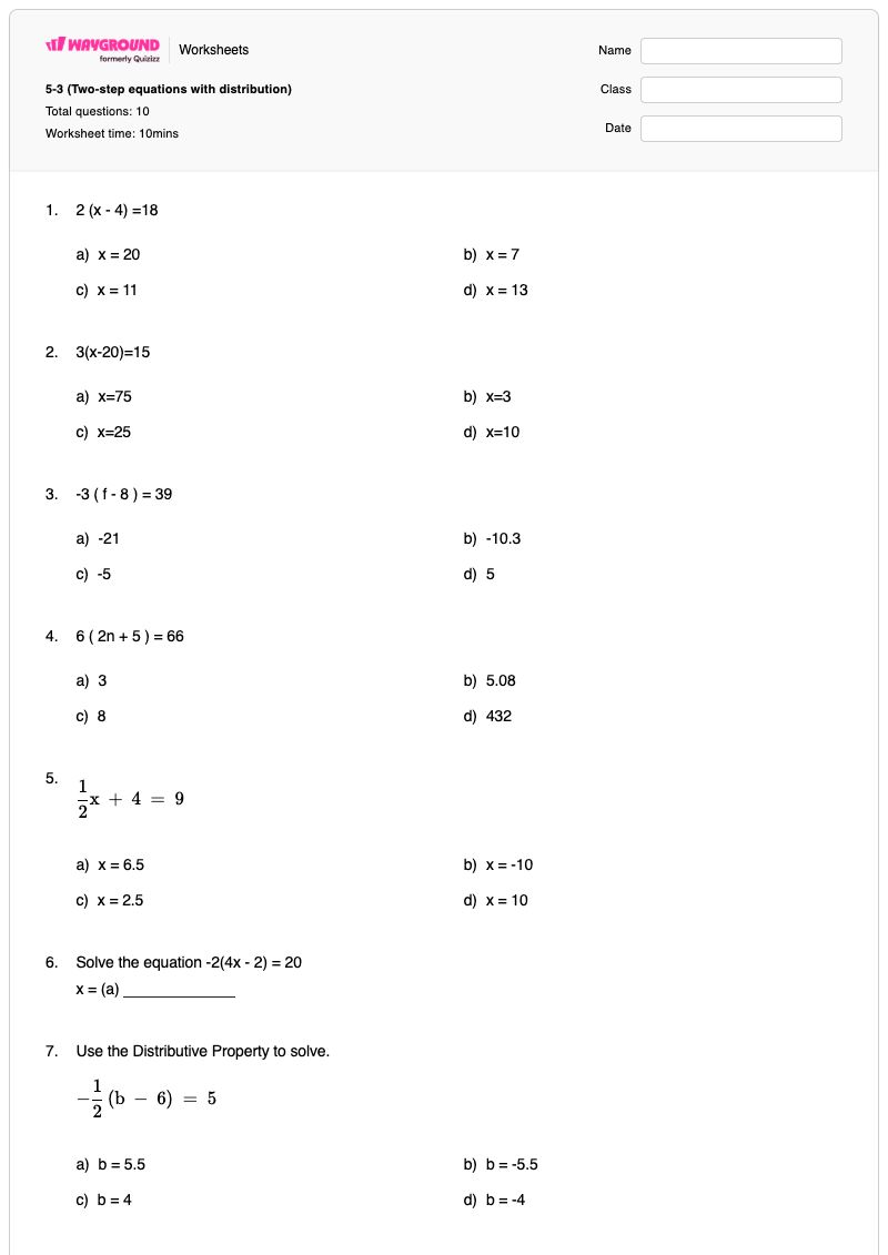 5-3 (Two-step equations with distribution) - พิมพ์ได้ สมการสองขั้นตอน เวิร์กชีท - Wayground