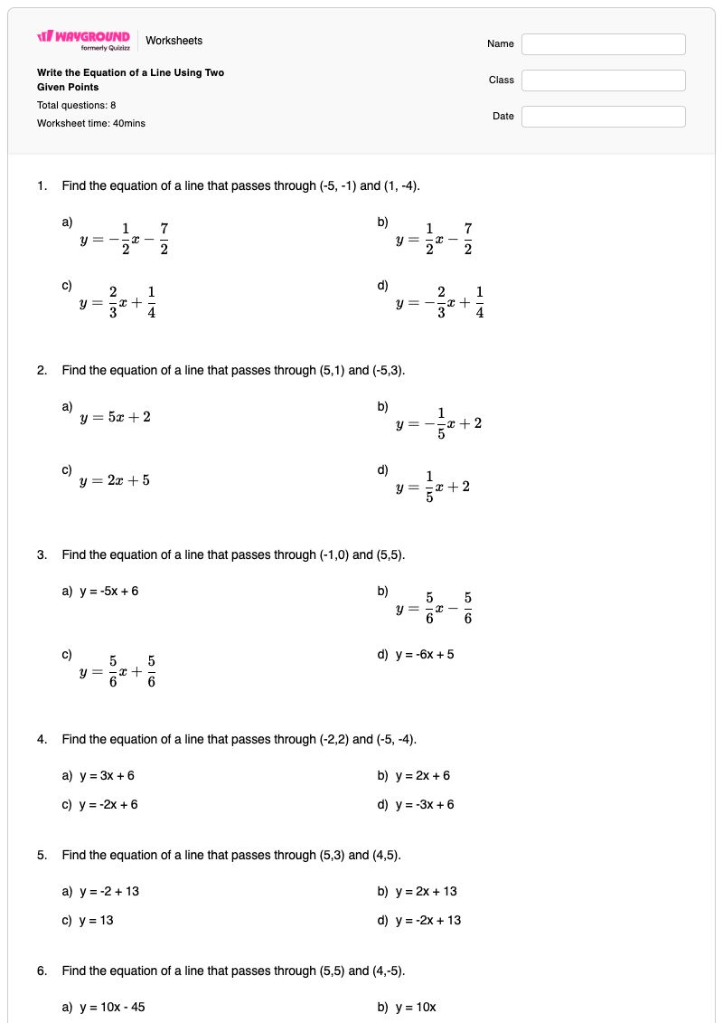 Write the Equation of a Line Using Two Given Points - Printable Equation-of-a-line Worksheets - Wayground