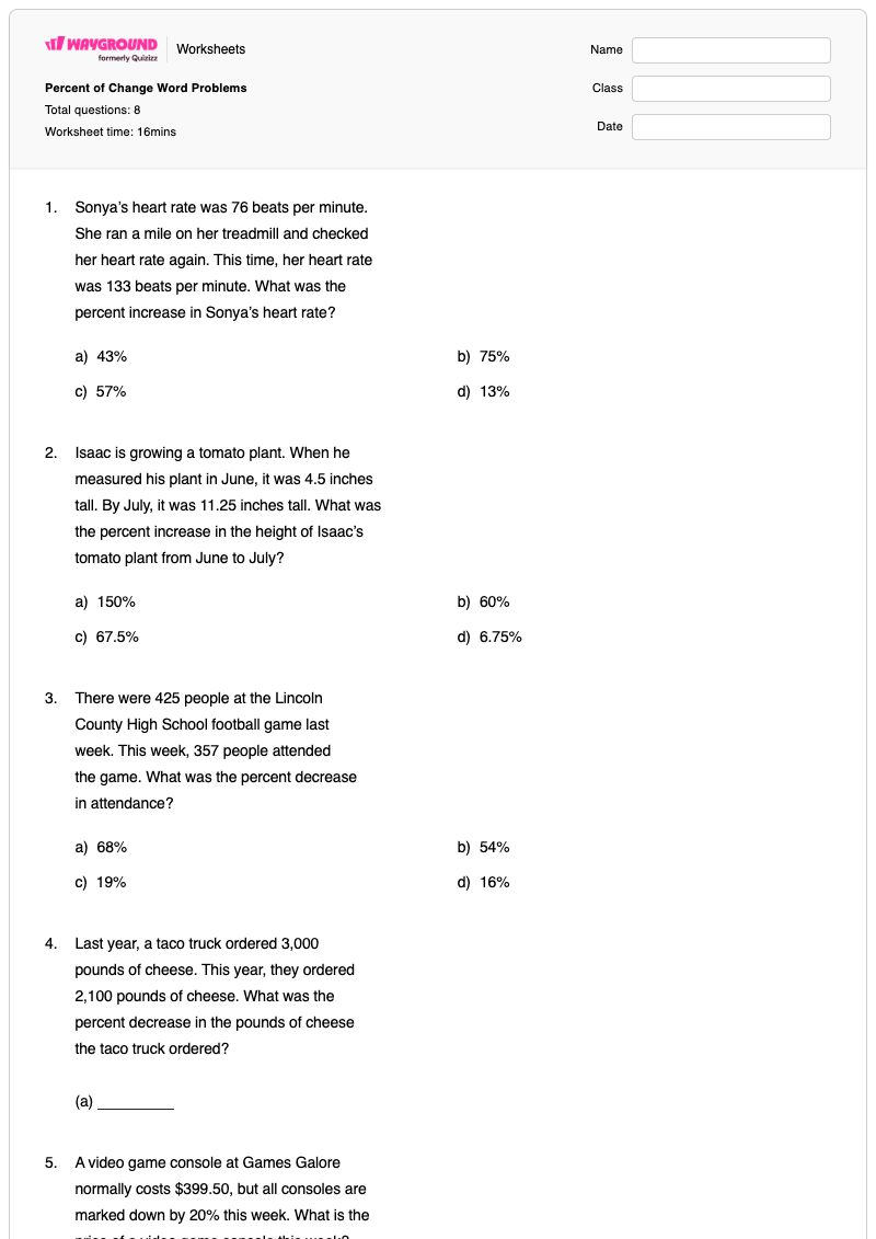 Percent of Change Word Problems - พิมพ์ได้ โจทย์ปัญหาเกี่ยวกับเปอร์เซ็นต์ เวิร์กชีท - Wayground