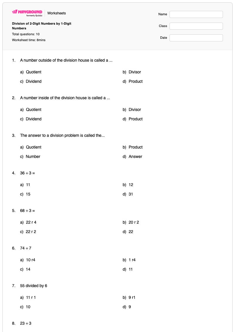 Division of 2-Digit Numbers by 1-Digit Numbers - Printable Division Worksheets - Wayground