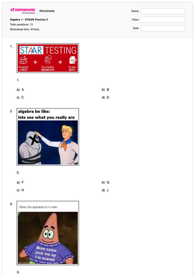 Algebra 1 - STAAR Practice 3 - Printable Rate-of-change Worksheets - Wayground