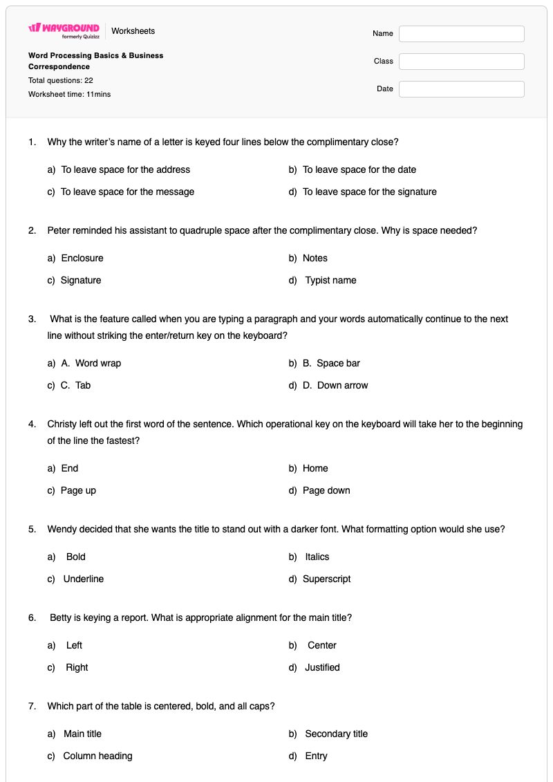Word Processing  Basics & Business Correspondence - พิมพ์ได้ The-letter-a เวิร์กชีท - Wayground