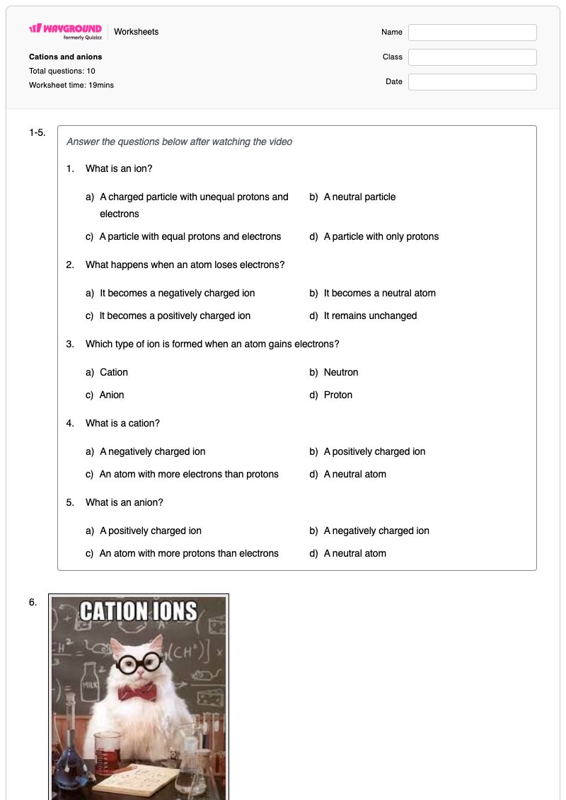 Cations and anions  - พิมพ์ได้ แอนไอออน เวิร์กชีท - Wayground