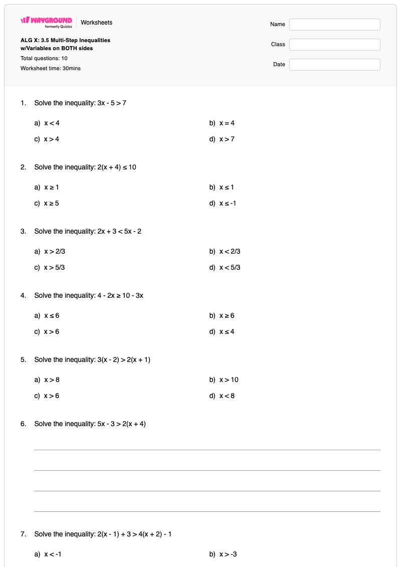 ALG X: 3.5 Multi-Step Inequalities w/Variables on BOTH sides - พิมพ์ได้ การแก้สมการอสมการ เวิร์กชีท - Wayground