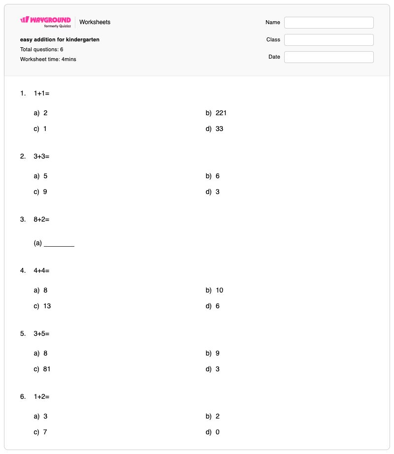 easy addition for kindergarten - พิมพ์ได้ ส่วนที่เพิ่มเข้าไป เวิร์กชีท โรงเรียนอนุบาล - Wayground