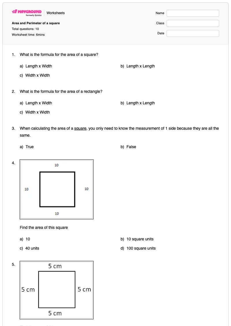 Area and Perimeter of a square  - Printable Perimeter Worksheets - Wayground