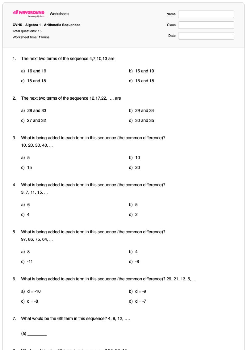CVHS - Algebra 1 - Arithmetic Sequences - Printable Algebra Worksheets - Wayground
