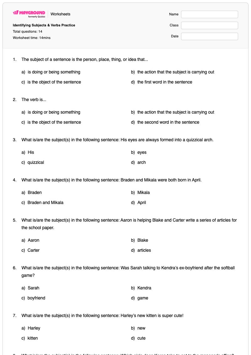 Identifying Subjects & Verbs Practice - Printable Verb-identification Worksheets Year 9 - Wayground