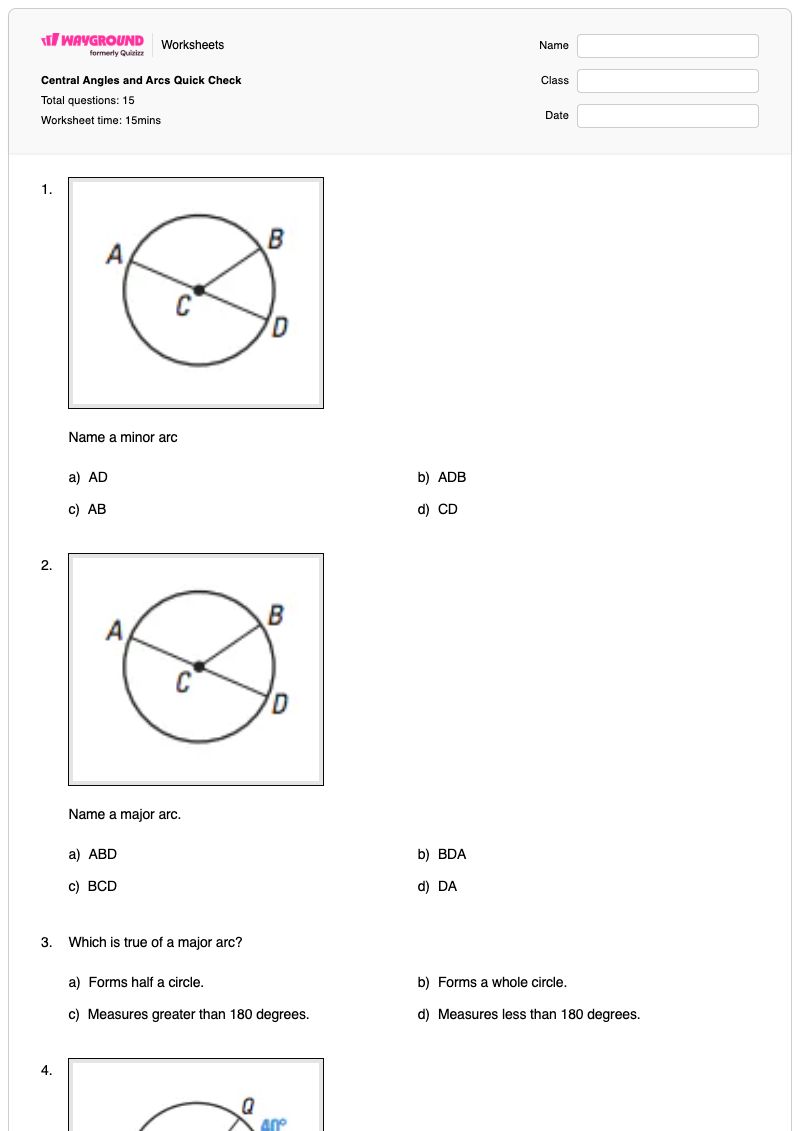 Central Angles and Arcs Quick Check - พิมพ์ได้ Arcs เวิร์กชีท - Wayground