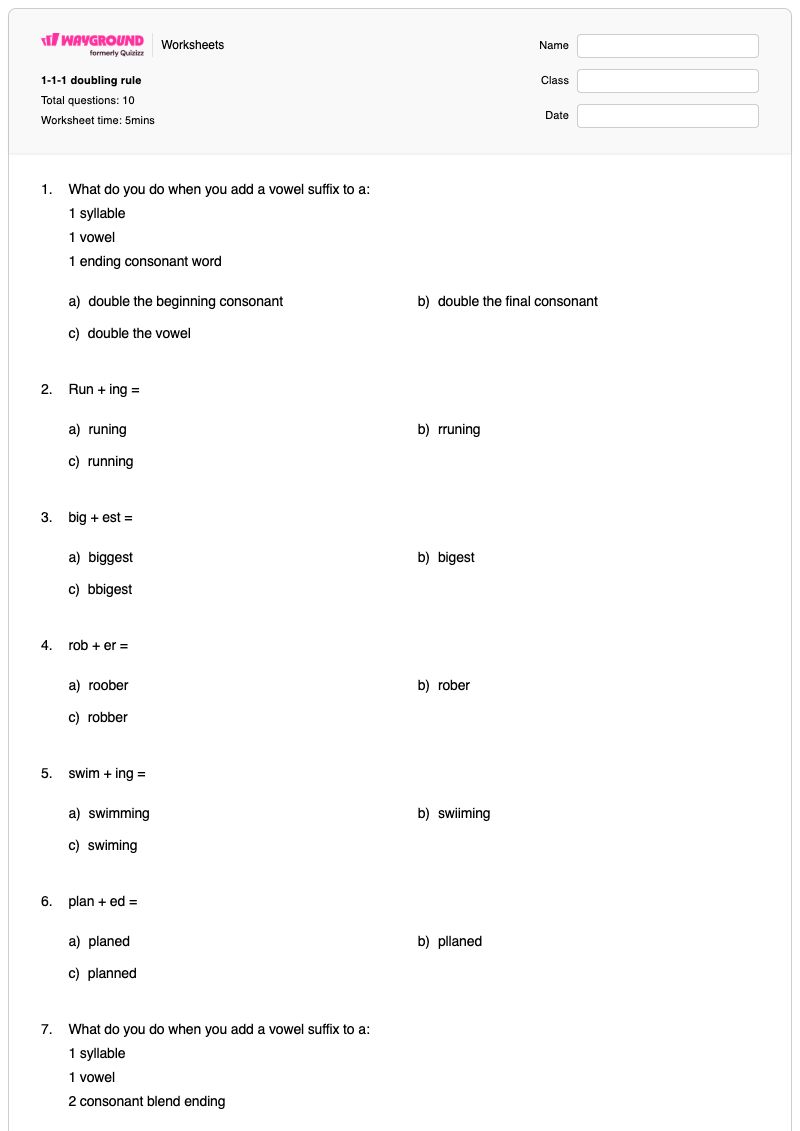 1-1-1 doubling rule - Printable Consonant-doubling Worksheets Year 3 - Wayground
