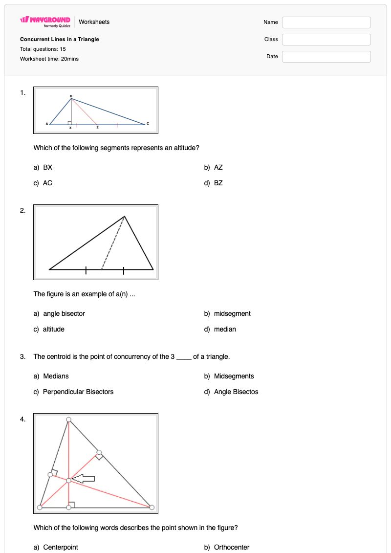 Concurrent Lines in a Triangle - พิมพ์ได้ Centroids เวิร์กชีท - Wayground