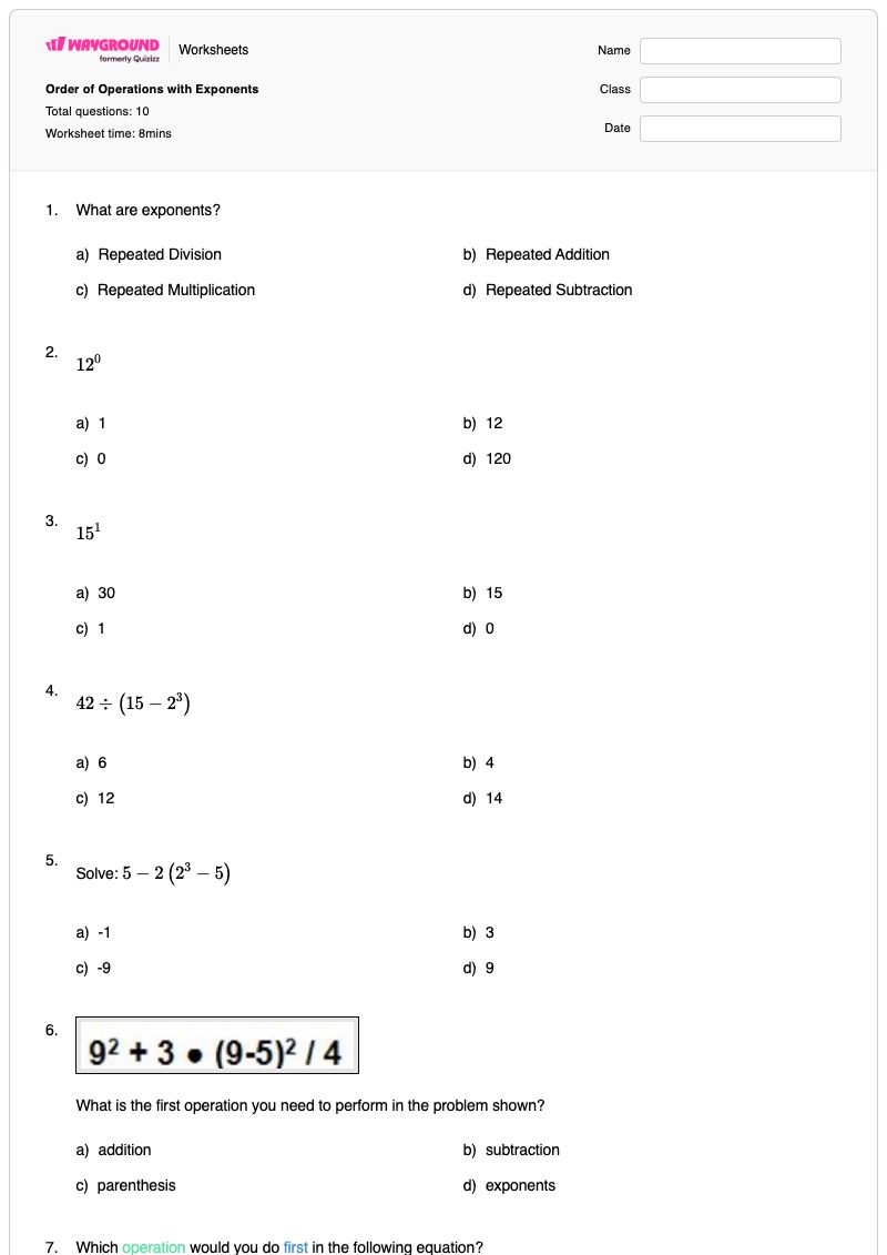 Order of Operations with Exponents - พิมพ์ได้ การประเมินนิพจน์ เวิร์กชีท - Wayground