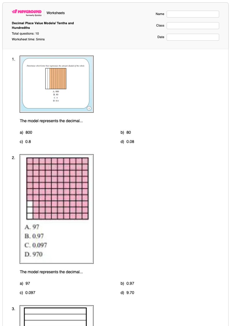 Decimal Place Value Models/ Tenths and Hundredths - Printable Tenths-and-hundredths Worksheets - Wayground