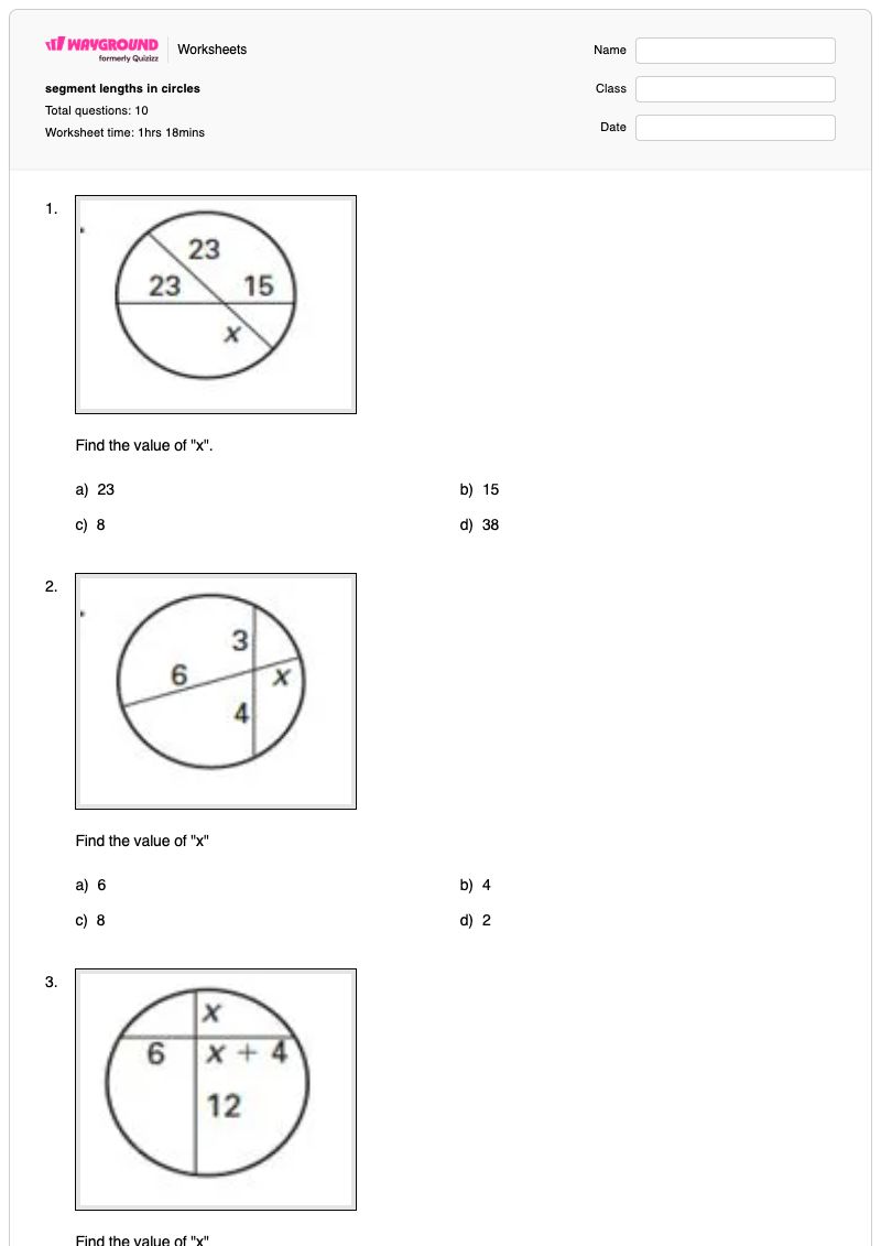 segment lengths in circles - พิมพ์ได้ Segment-length เวิร์กชีท ระดับ 10 - Wayground