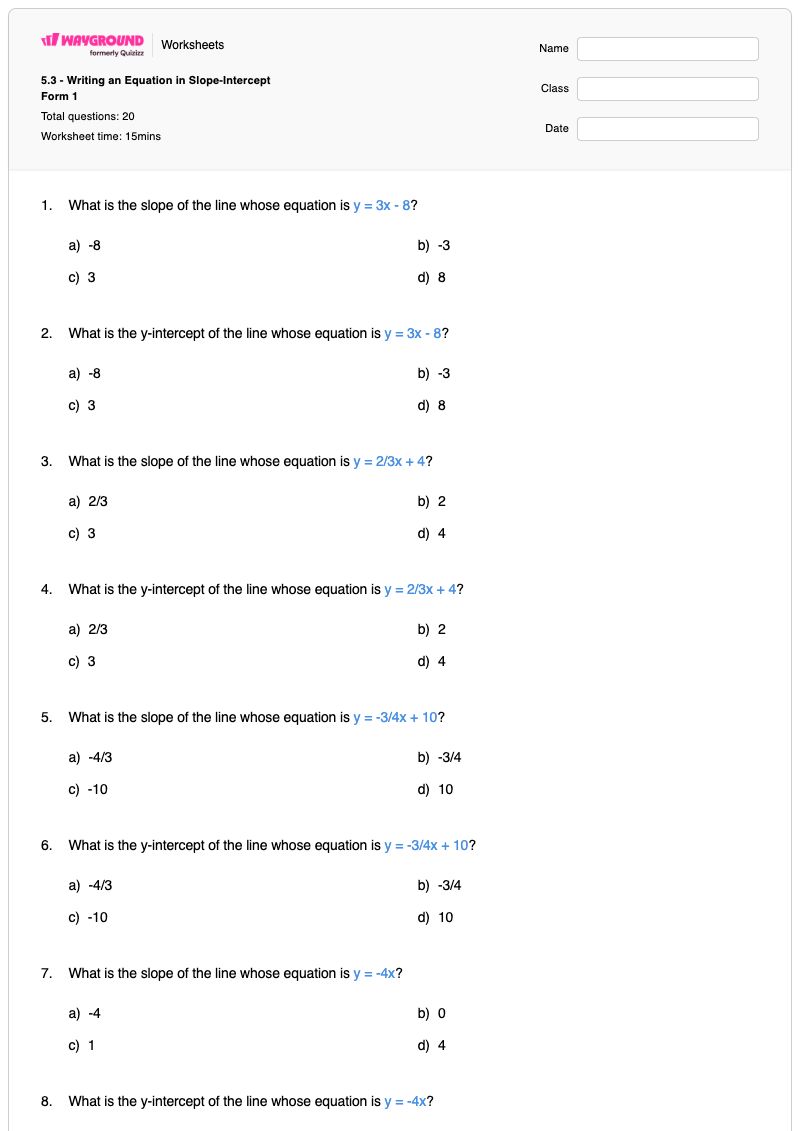 5.3 - Writing an Equation in Slope-Intercept Form 1 - พิมพ์ได้ รูปแบบความชัน-จุดตัดแกน เวิร์กชีท - Wayground