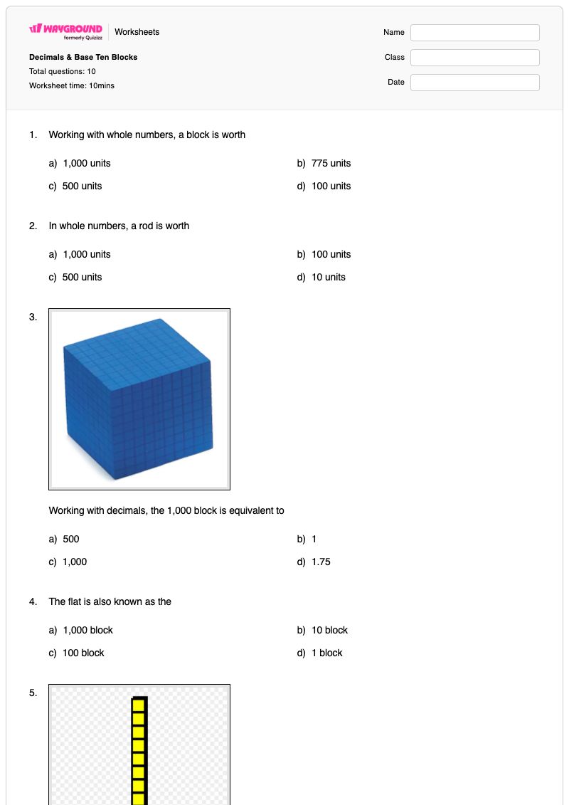 Decimals & Base Ten Blocks - พิมพ์ได้ Base-ten-place-value เวิร์กชีท - Wayground