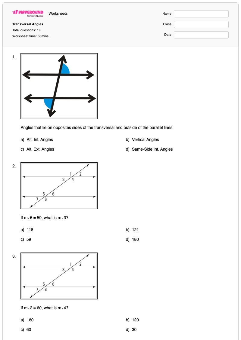 Transversal Angles - Printable Transversal-of-parallel-lines Worksheets - Wayground