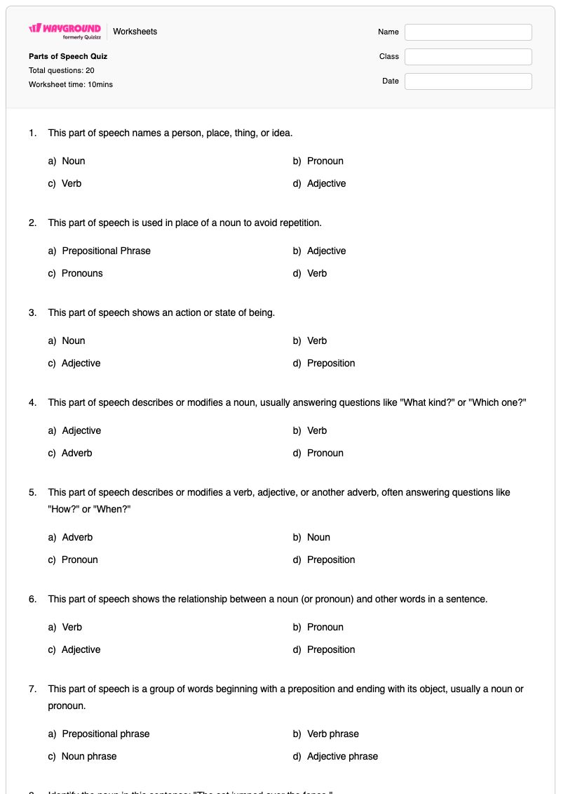 Parts of Speech Quiz - พิมพ์ได้ ส่วนประกอบของคำพูด เวิร์กชีท - Wayground