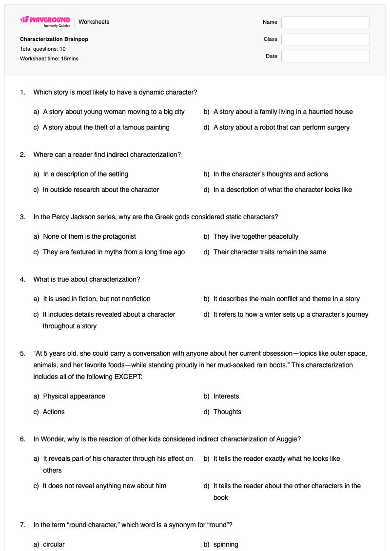 Characterization Brainpop - Nadający się do druku Charakteryzacja Karty-pracy Klasa 4 - Wayground