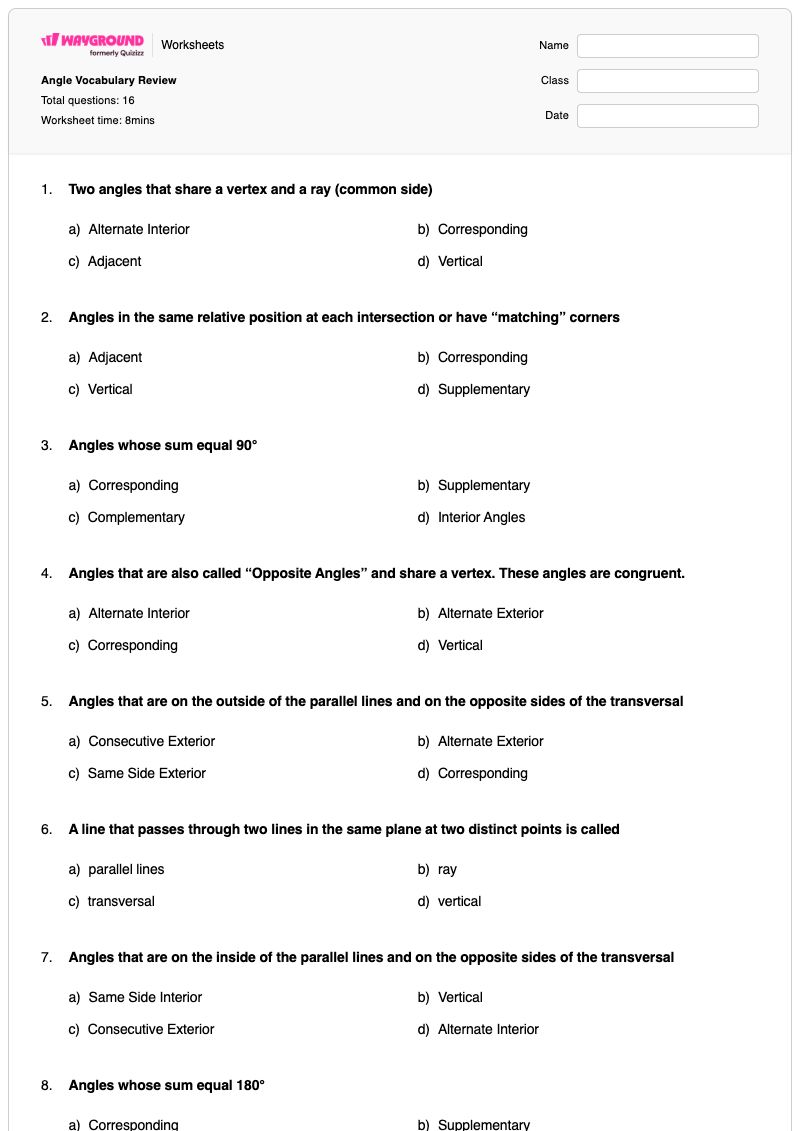 Angle Vocabulary Review - พิมพ์ได้ การระบุมุม เวิร์กชีท ระดับ 8 - Wayground