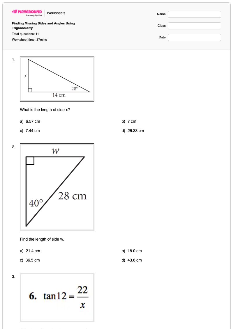 Finding Missing Sides and Angles Using Trigonometry - พิมพ์ได้ การค้นหาด้านที่หายไป เวิร์กชีท - Wayground