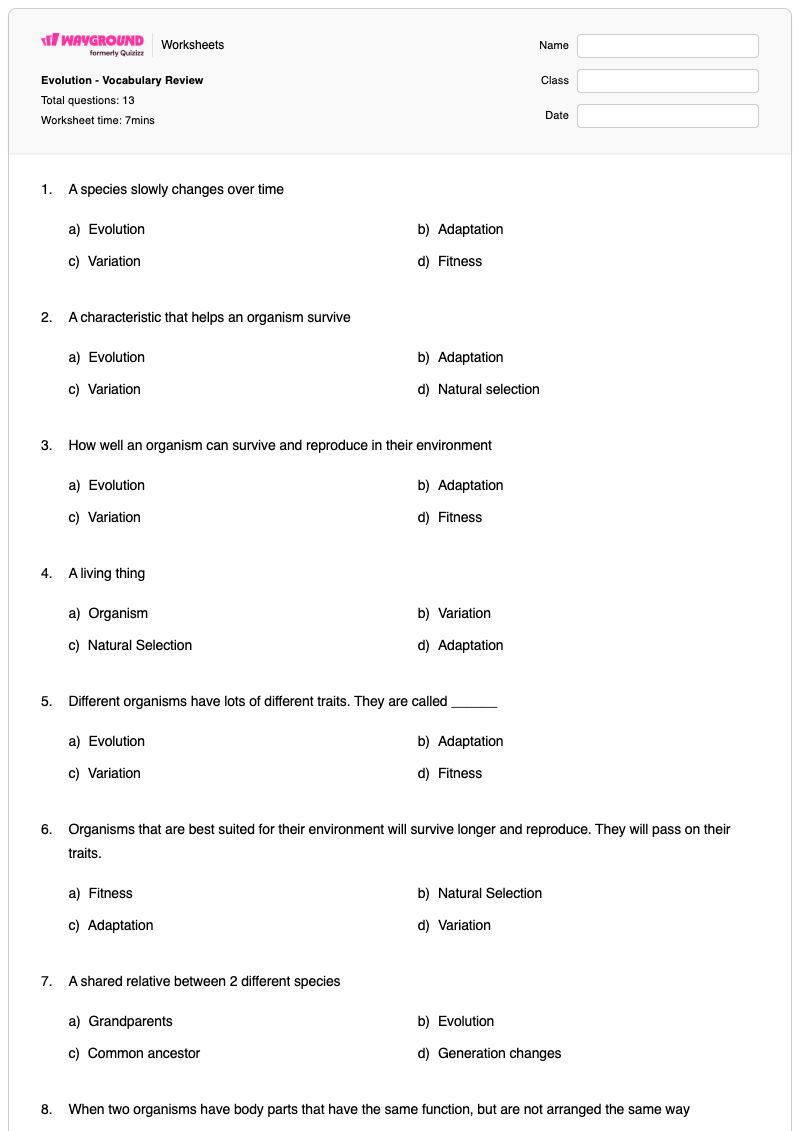 Evolution - Vocabulary Review - พิมพ์ได้ วิทยาเอ็มบริโอ เวิร์กชีท ระดับ 12 - Wayground