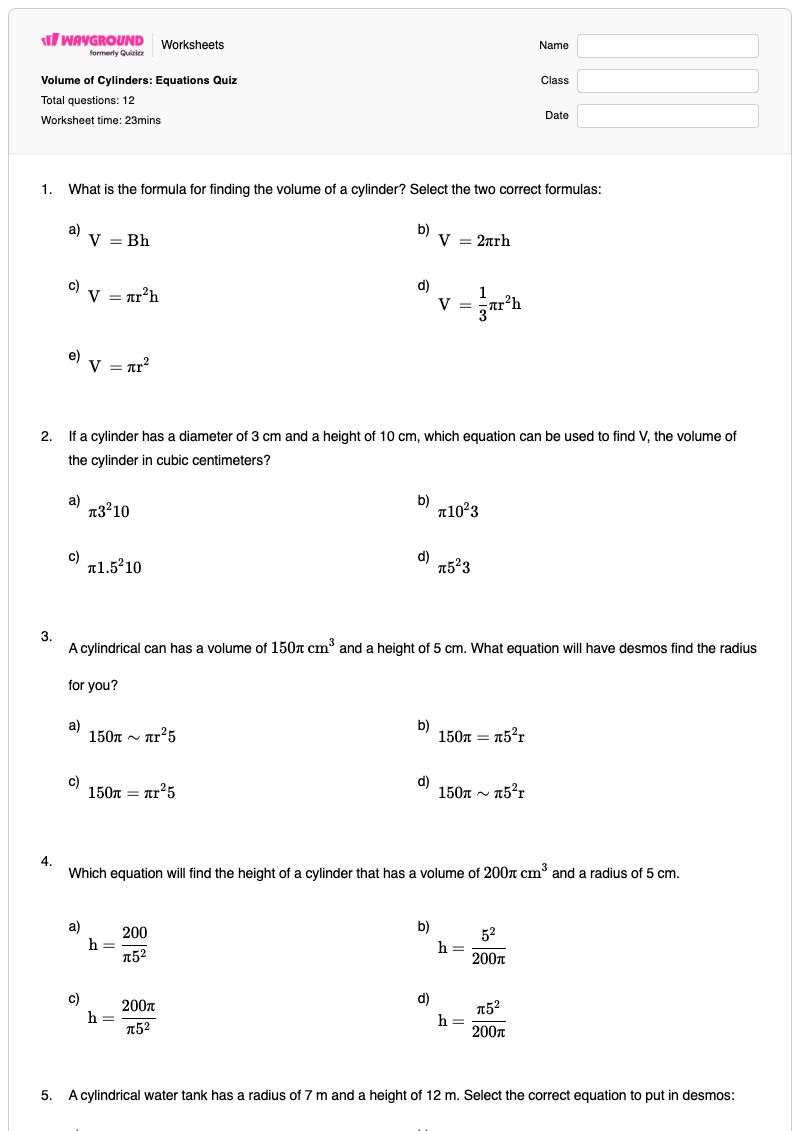 Volume of Cylinders: Equations Quiz - พิมพ์ได้ ปริมาตรของกระบอกสูบ เวิร์กชีท - Wayground