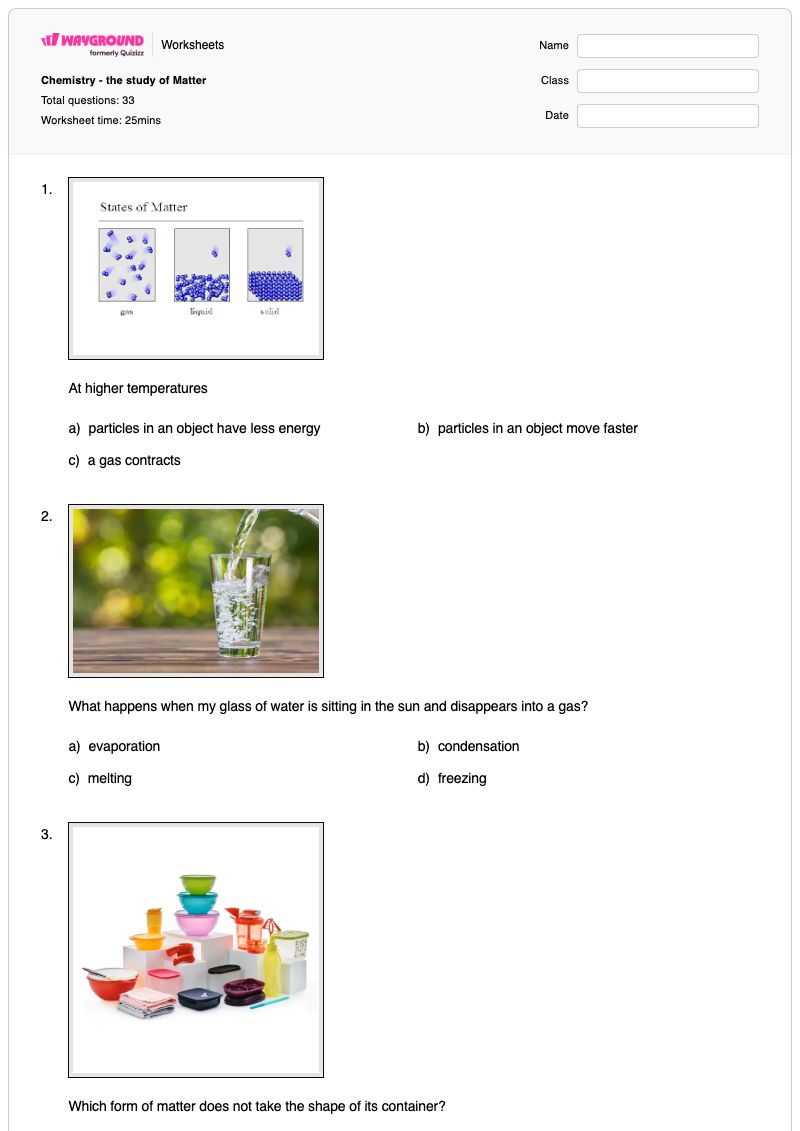 Chemistry - the study of Matter  - Printable Chemistry Worksheets - Wayground