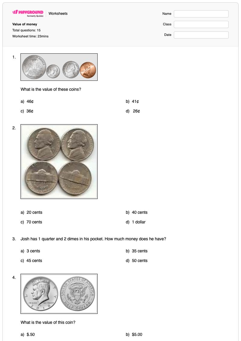 Value of money  - Printable Value-of-money Worksheets - Wayground
