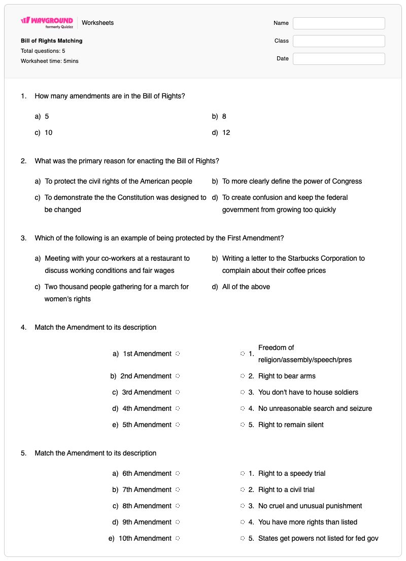 Bill of Rights Matching - Printable Bill-of-rights Worksheets Class 9 - Wayground