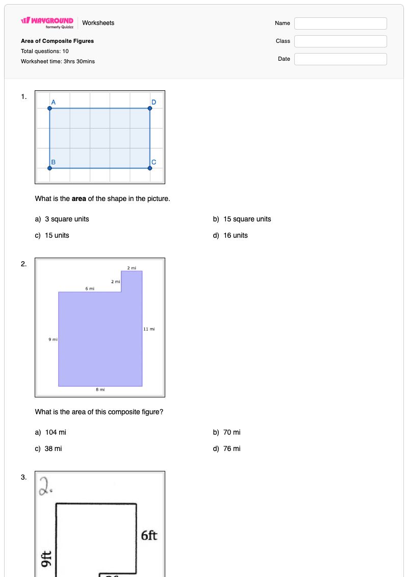 Area of Composite Figures - Printable Area-of-plane-figures Worksheets - Wayground