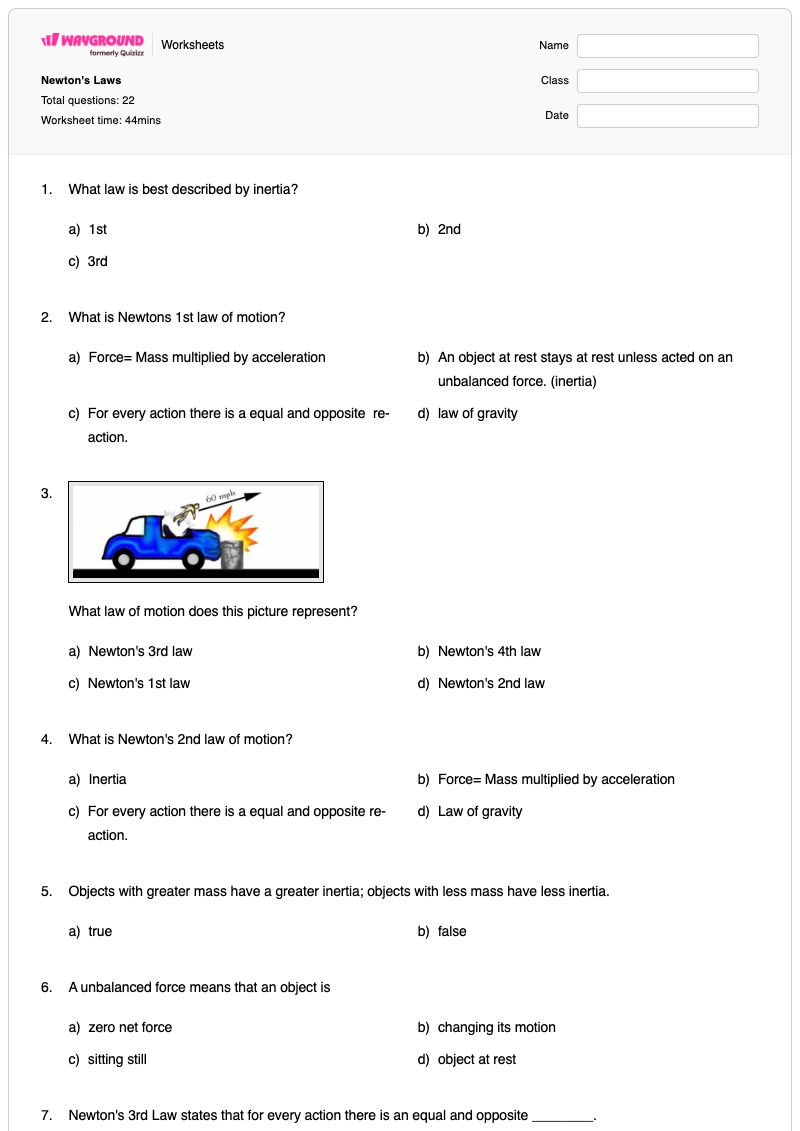 Newton's Laws - Printable Mass-and-inertia Worksheets Class 5 - Wayground