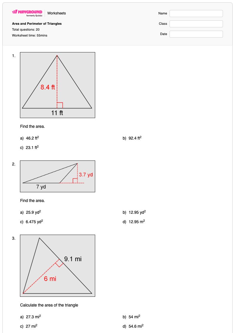 Area and Perimeter of Triangles - Printable Area-of-a-triangle Worksheets - Wayground