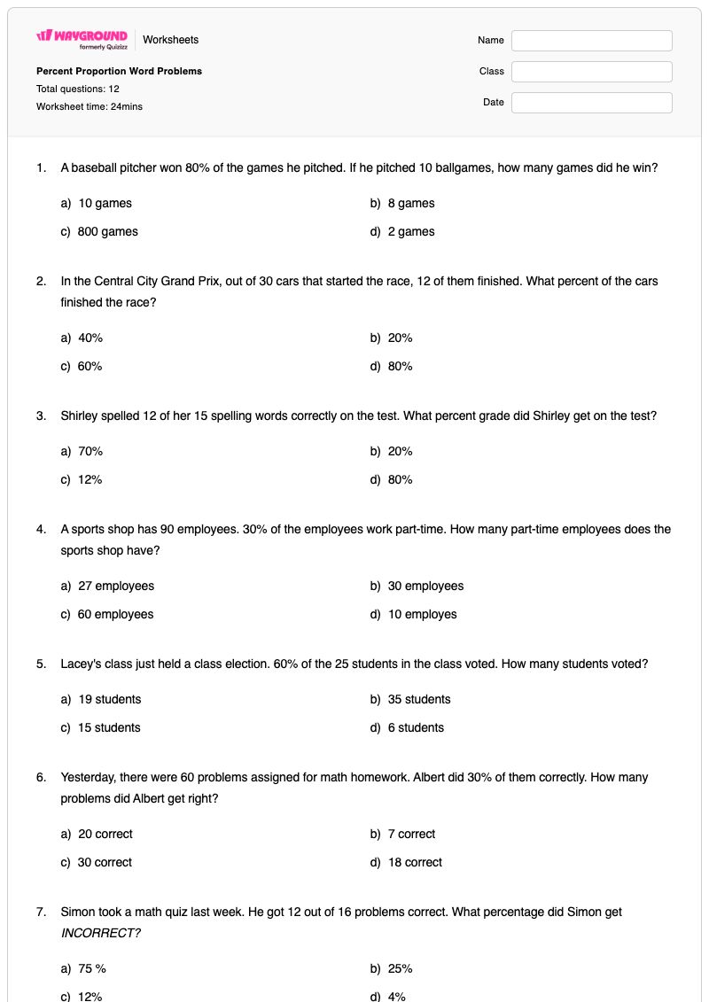 Percent Proportion Word Problems - พิมพ์ได้ Proportion-word-problems เวิร์กชีท ระดับ 6 - Wayground