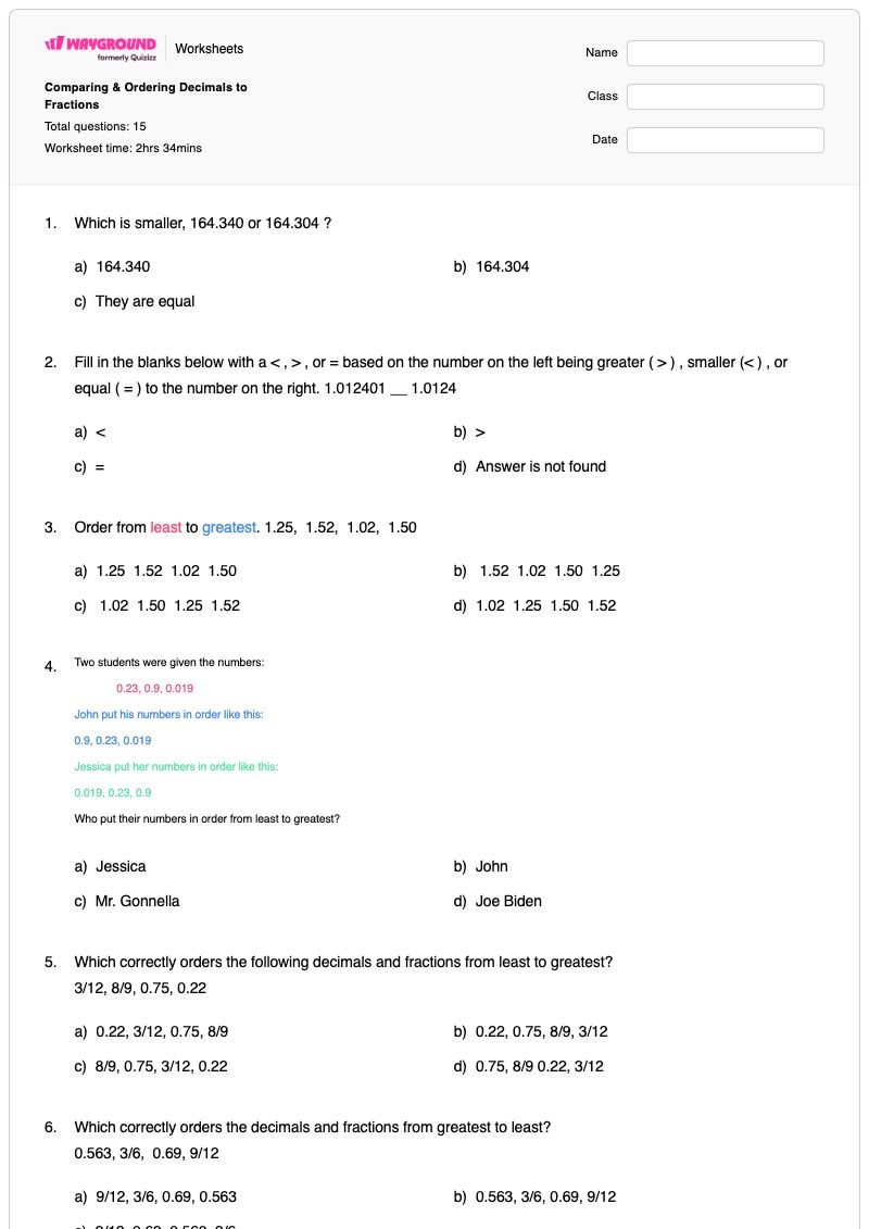 Comparing & Ordering Decimals to Fractions - พิมพ์ได้ การเรียงลำดับทศนิยม เวิร์กชีท - Wayground