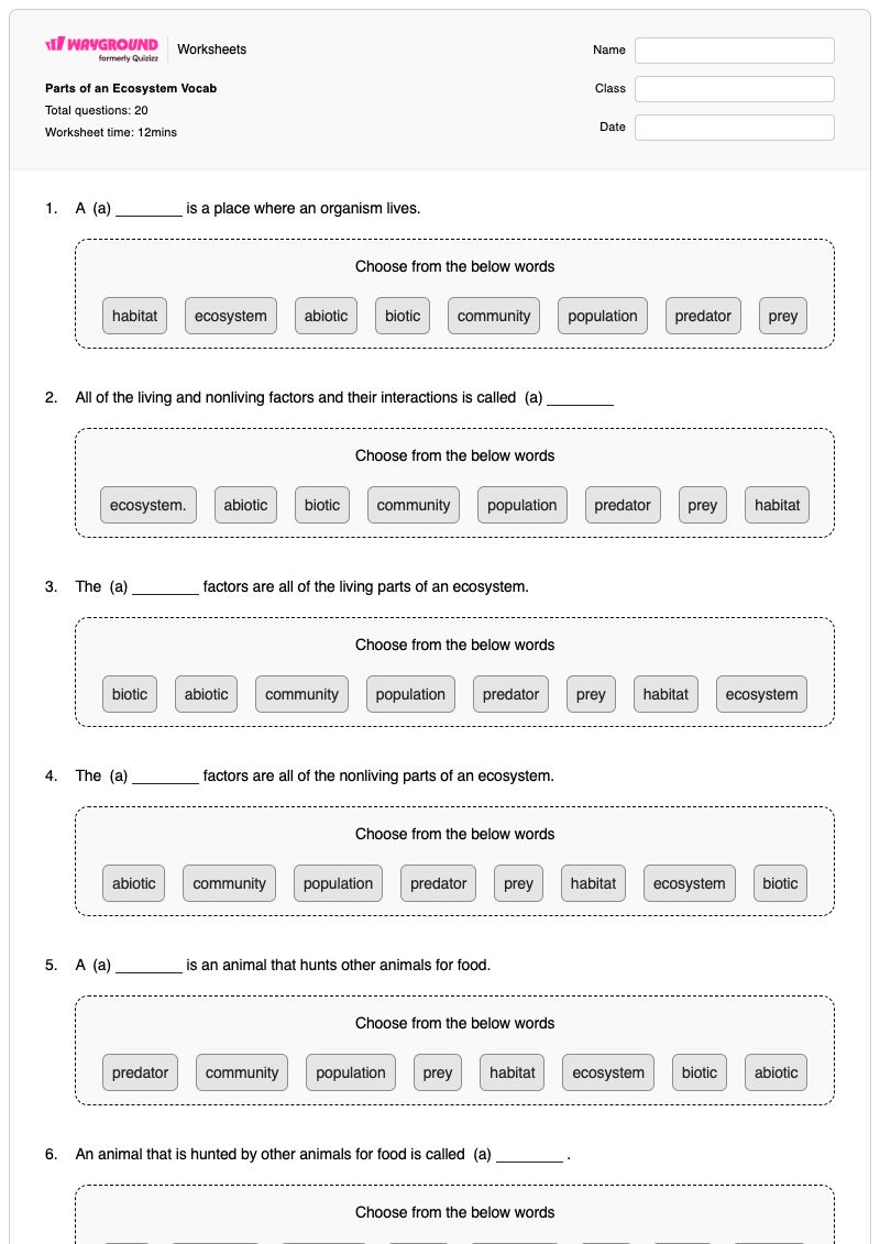Parts of an Ecosystem Vocab - Printable Animal-habitat Worksheets Class 5 - Wayground