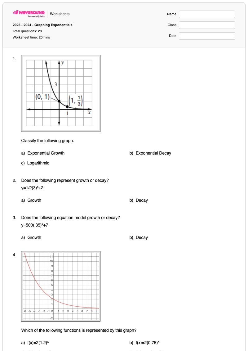 2023 - 2024 - Graphing Exponentials - Printable Exponential-growth-and-decay Worksheets - Wayground